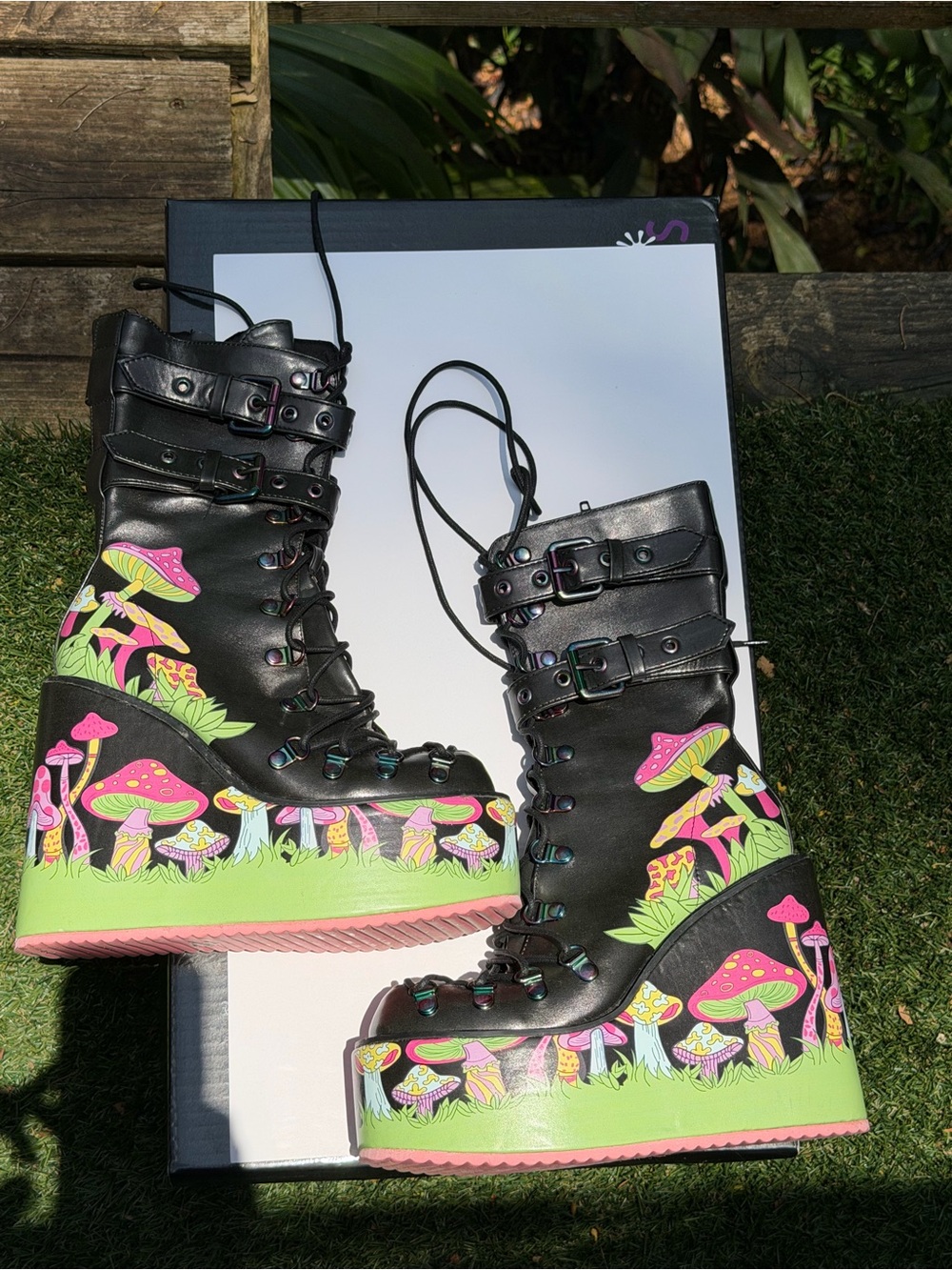 Platform Lace-Up Combat Boots with Neon Mushroom Print - Black/Pink/Green